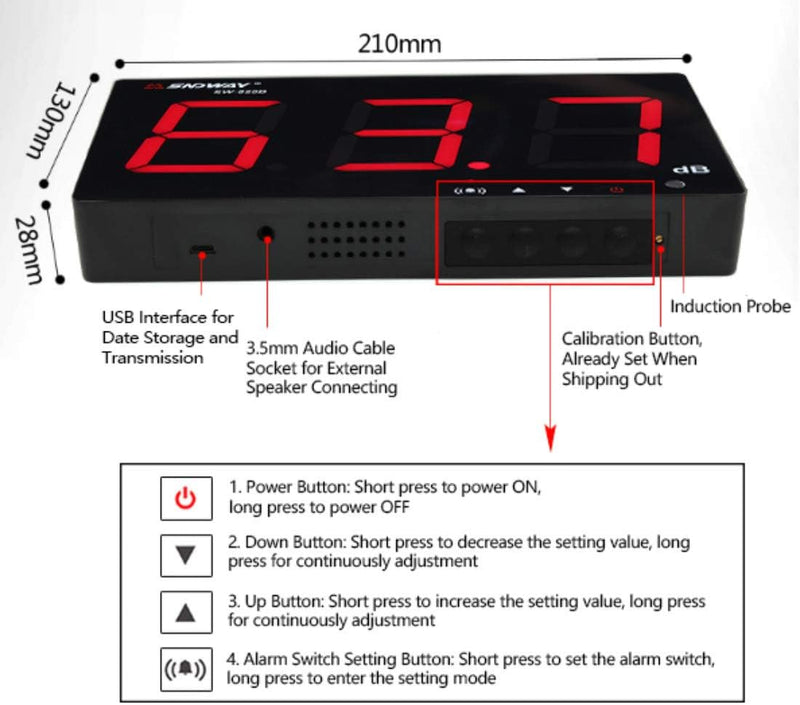 30~130 dB Schallpegelmesser 9,6"LCD Dezibel messgerät display USB Wandbehang Rauschmessung Tester mi