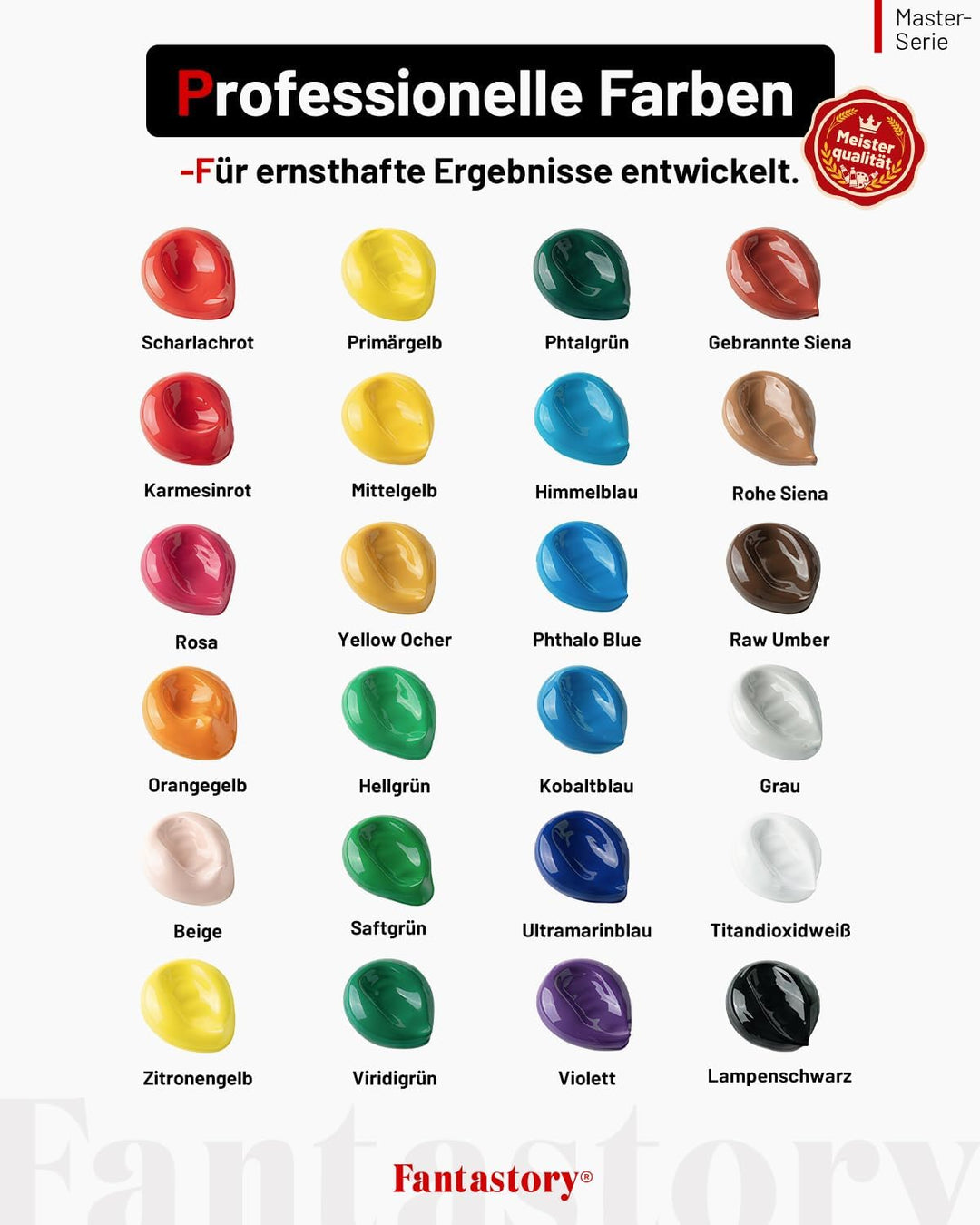 Fantastory Acrylfarben Set 24x 60ml,12 Pinsel;Exzellente Deckkraft,hohe Lichtechtheit,wasserfest Acr