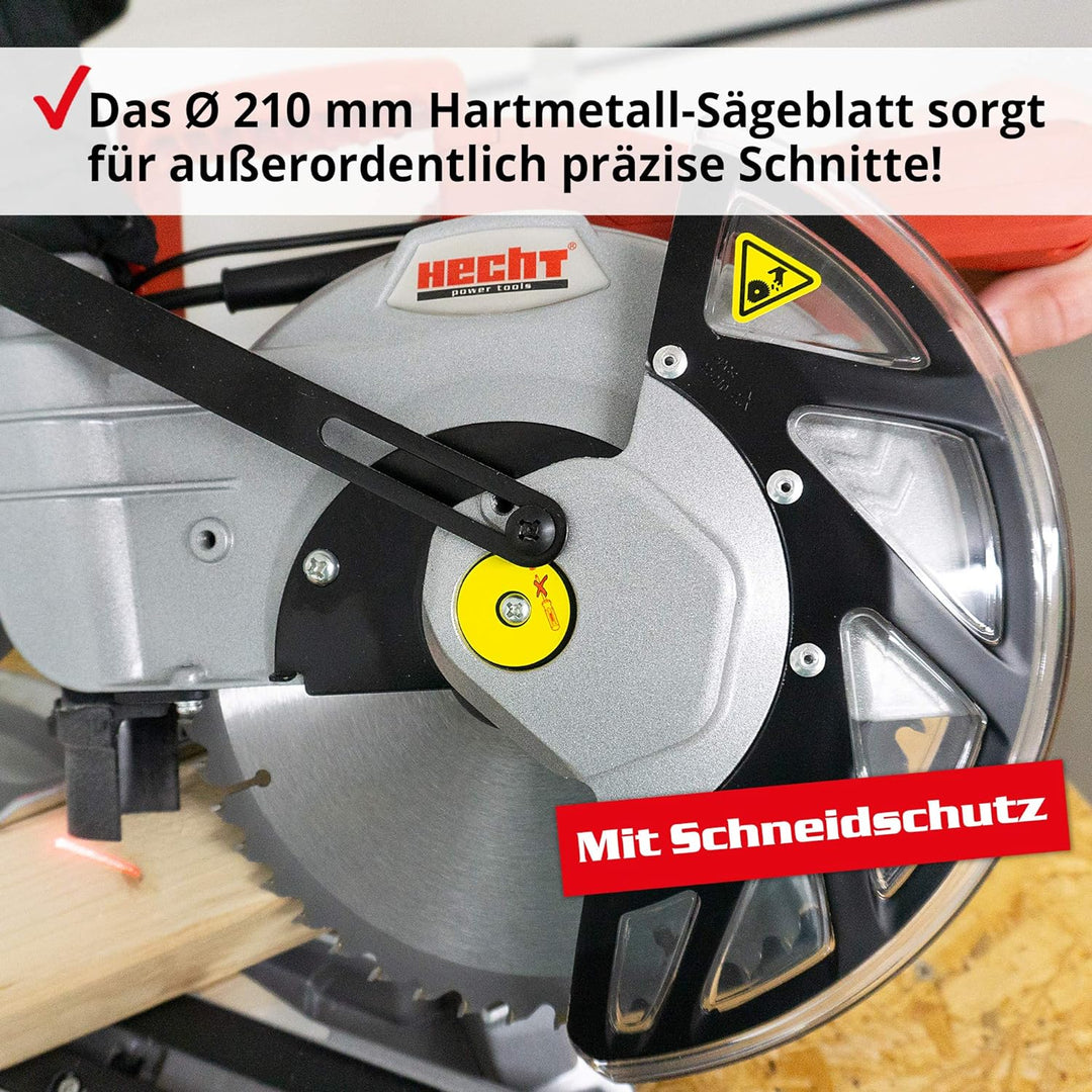 Hecht Zug-Kapp-Gehrungssäge – starke 1800 Watt – mit HM-Sägeblatt – Hohe Schnitt-kapazität mit Winke