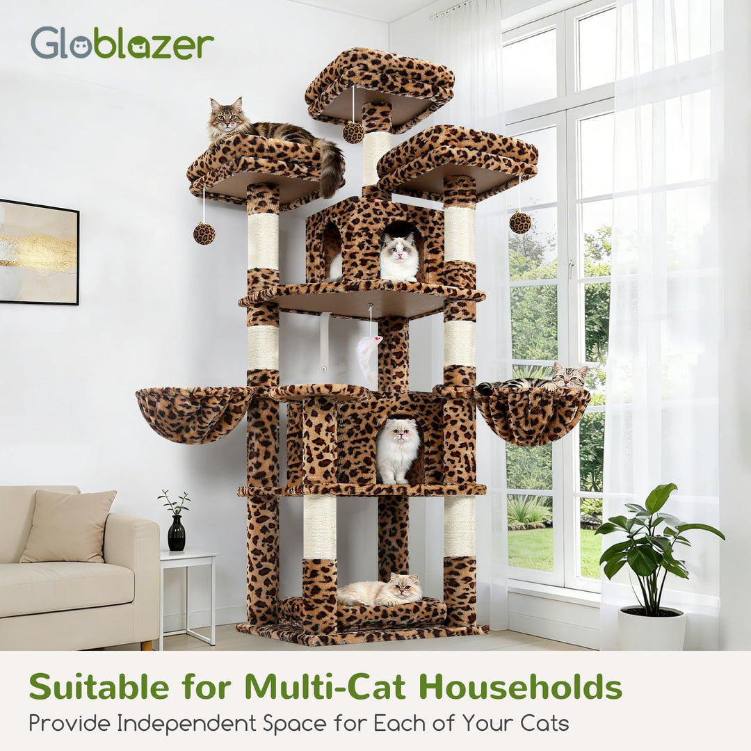 Globlazer Kratzbaum Leoparden Stabil 174 cm mit 3 Gepolsterte Sitzstangen, 2 Katzenhaus, 2 Korb, Abn