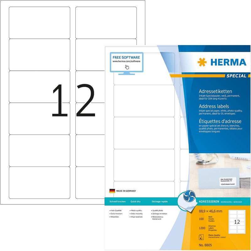 HERMA 8805 Adressetiketten für Inkjet Drucker, 100 Blatt, 88,9 x 46,6 mm, 12 Stück pro A4 Bogen, 120