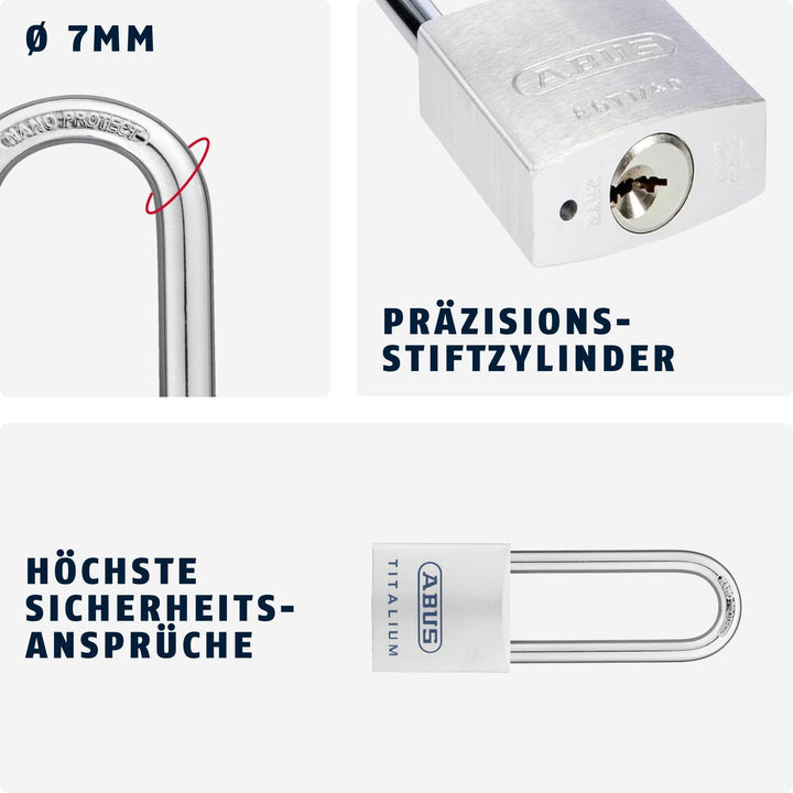 ABUS Titalium Vorhängeschloss 80TI/40HB63 - mit hohem Bügel - Kellerschloss mit leichtem, massiven S