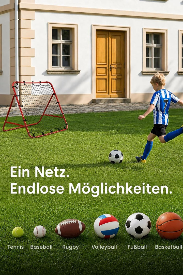 Fussball Rebounder 100 x 100 cm, klappbar, verstellbar, mit Bodenankern | Stahlrahmen, robustes PE-N