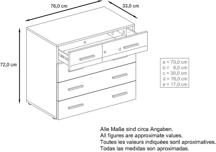 Vladon Sideboard Pavos, Kommode mit 4 Schubladen, Weiss matt/Avola-Anthrazit (76 x 72 x 35 cm), Avol