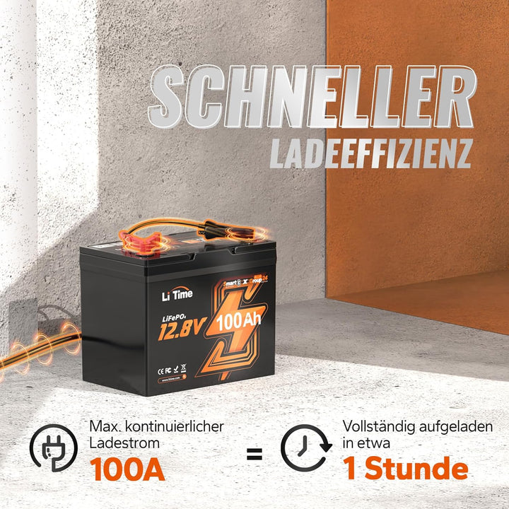 LiTime LiFePO4 100Ah Lithium Batterie 12V mit Bluetooth, 1280Wh Gruppo 24, 100A BMS und Max. 15000 Z