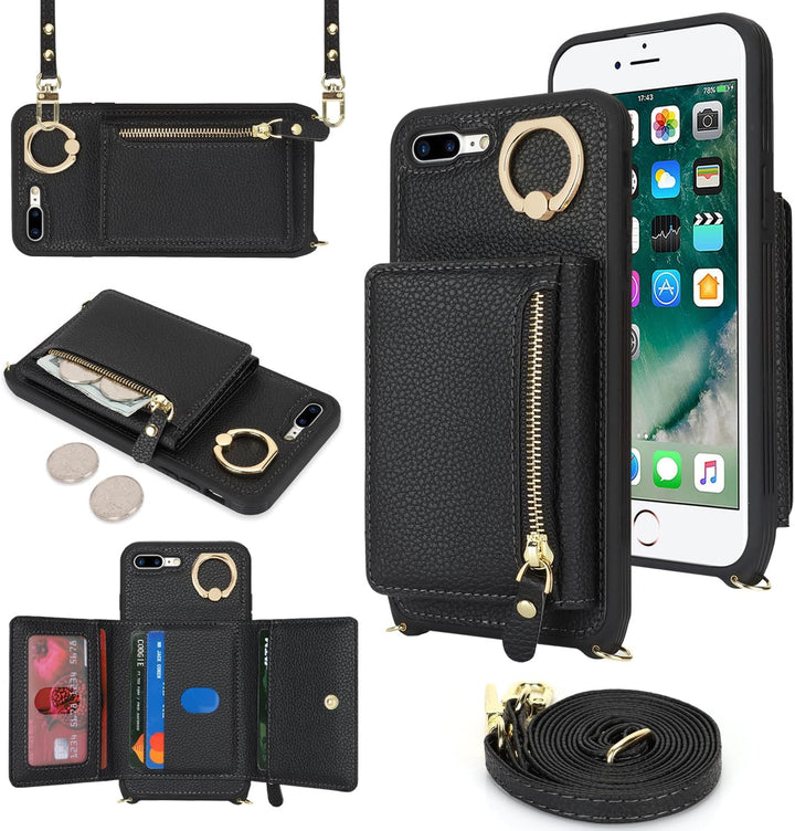 ELTEKER Handyhülle für iPhone 7 Plus/8 Plus Hülle mit Band Kartenfach Geldbörse,Leder Klapphülle Han