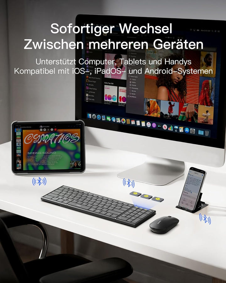 Inateck Faltbare Tastatur Kabellos,Klappbare Tastatur mit Ziffernblock mit 3 Kanälen,AI-Key,mit Stän