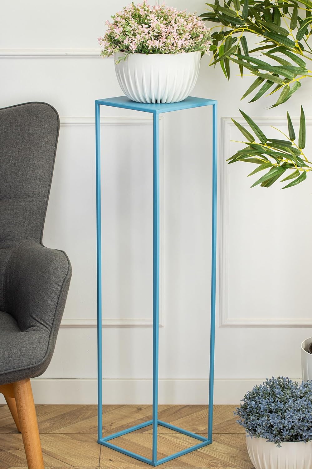 HowHomely Blumenständer Metall Blau 100 cm Hoch - Solider und Robuster Blumenhocker Metall - Pflanze