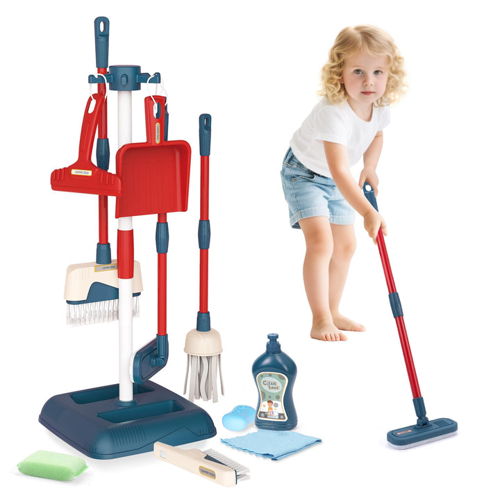 Jenilily Kinder Putzset, Besen mit langem Stiel, Kehrschaufel, Handfeger, Wischmopp Set mit Ständer