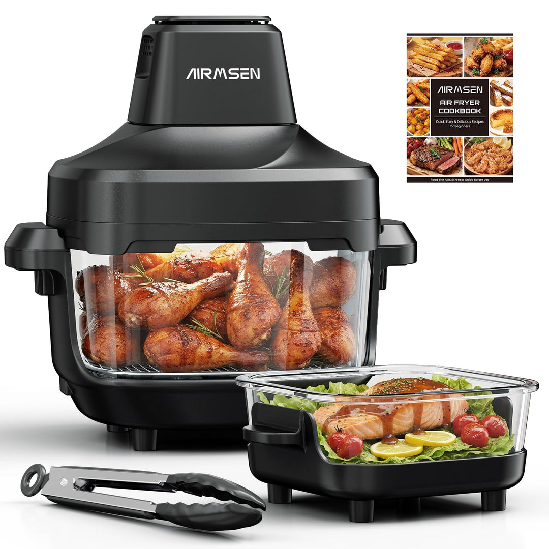 AIRMSEN Heissluftfritteuse 4,5L + 1,2L Doppelbehälter, 1500W Air Fryer Heissluftfritteuse 60–230°C,