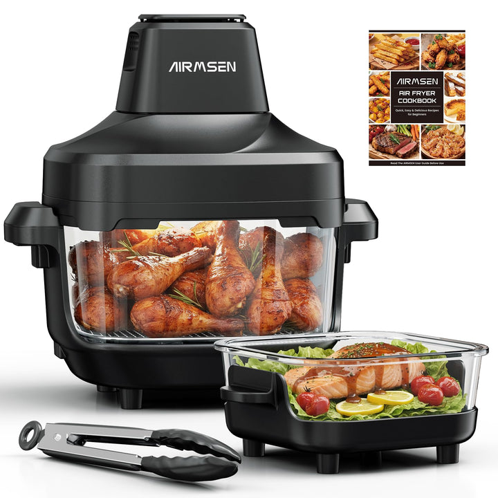 AIRMSEN Heissluftfritteuse 4,5L + 1,2L Doppelbehälter, 1500W Air Fryer Heissluftfritteuse 60–230°C,
