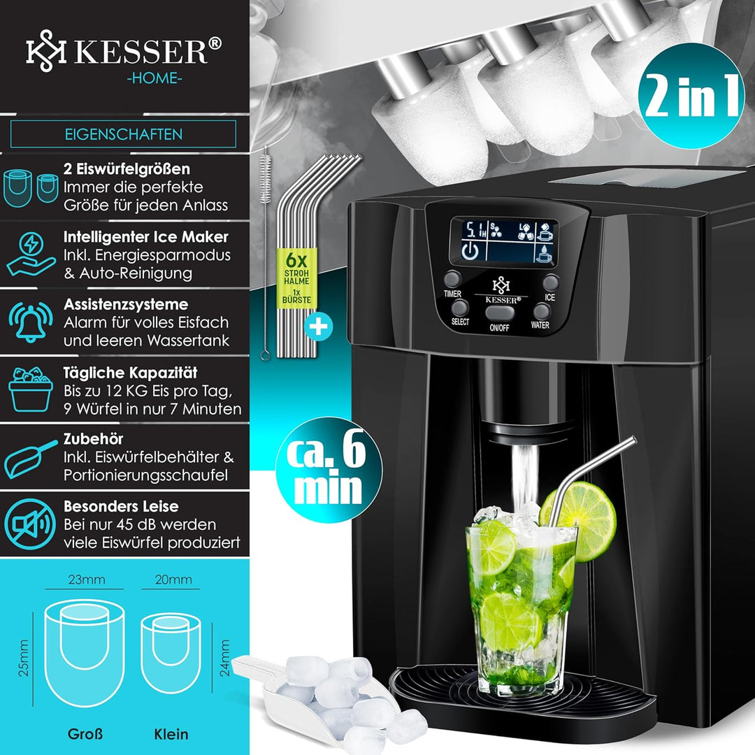 KESSER® Eiswürfelbereiter | Eiswürfelmaschine Edelstahl | 100W Ice Maker | 12 kg 24 h | 2 Würfelgrös