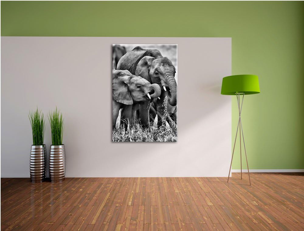 Pixxprint Elefantenhorde am Wasserloch als Leinwandbild | Grösse: 100x70 cm | Wandbild | Kunstdruck