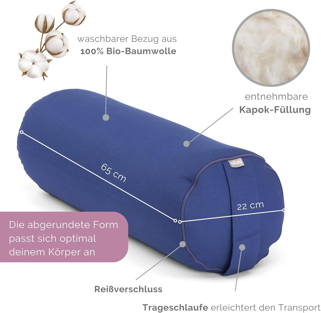 Bodhi Yoga Bolster | ECO Serie | Yogarolle mit Kapok-Füllung | Waschbarer Bezug aus 100% Bio-Baumwol