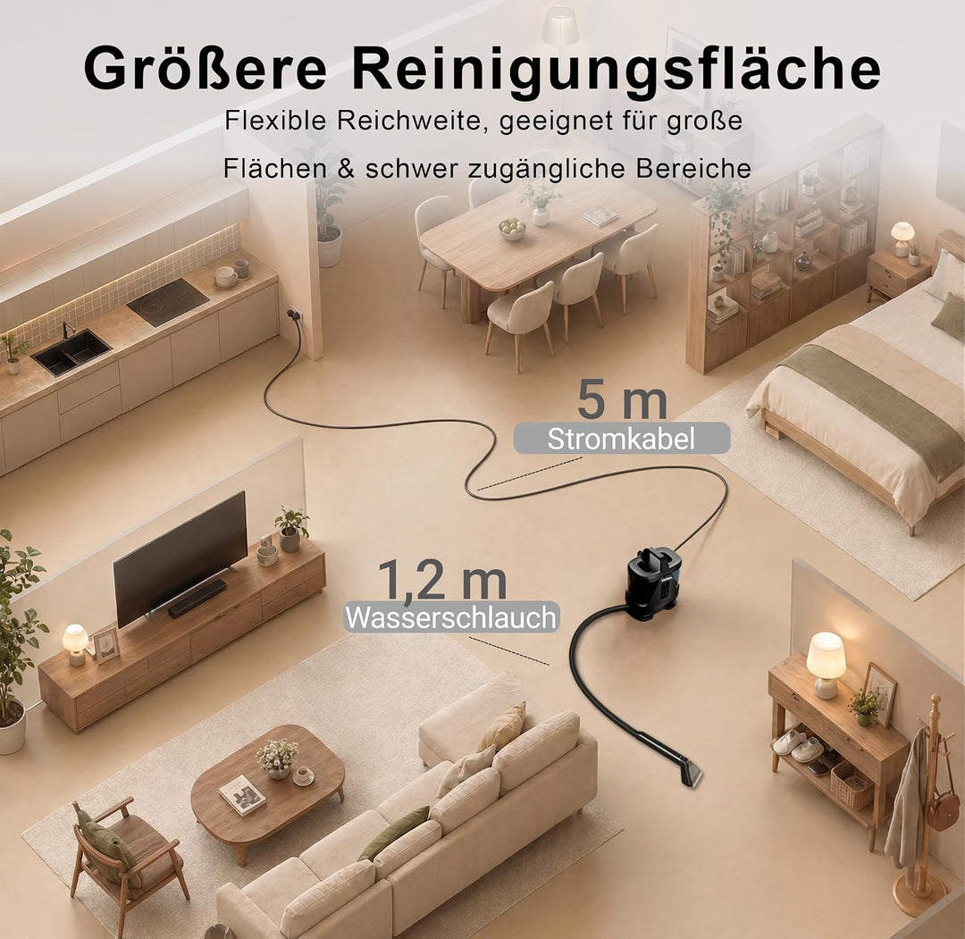 Polsterreiniger 1700W Dampf, für Haustiere, Sofa, Teppich & Auto | Hohe Saugkraft, Dampfreinigung, H
