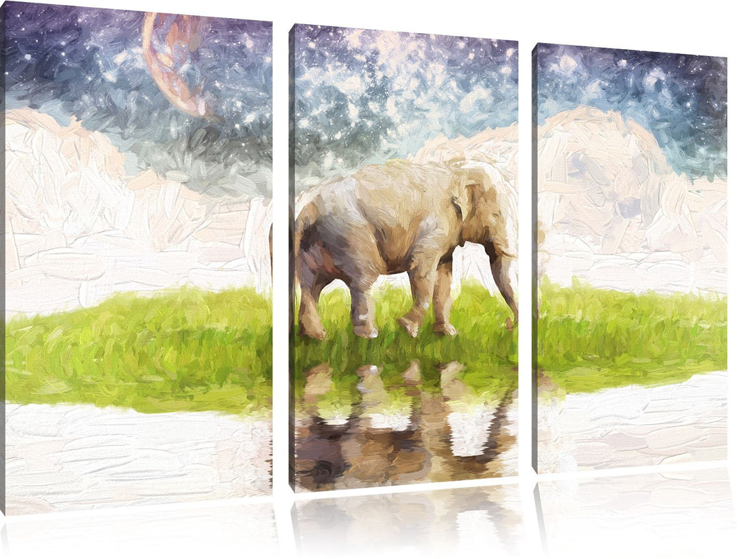 Pixxprint Elefant am Wasser / 3-Teilig/Gesamtmass 120cm Leinwandbild bespannt auf Holzrahmen/Wandbil