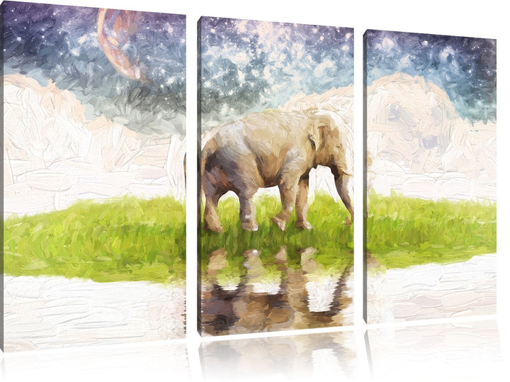 Pixxprint Elefant am Wasser / 3-Teilig/Gesamtmass 120cm Leinwandbild bespannt auf Holzrahmen/Wandbil