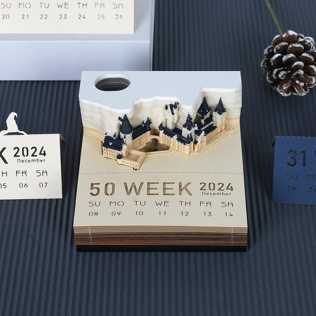 3D-Notizblock, 2024 Tischkalender-Notizblock, 3D-Magic Castle-Wochenkalender mit Licht und Stifthalt