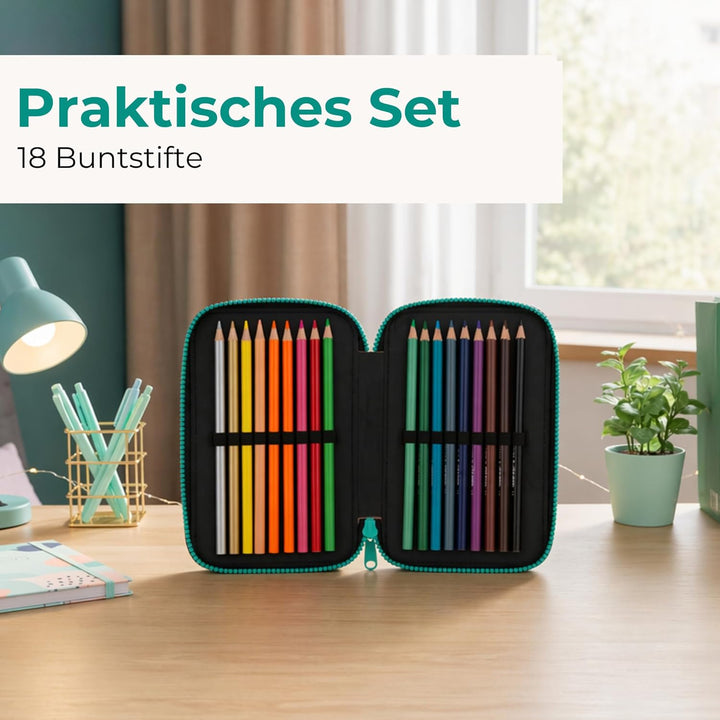 Goldkids Federtasche 3-fache Federmappe Schülerplaner Faultier Federmäppchen 46-teilig gefüllte Schü