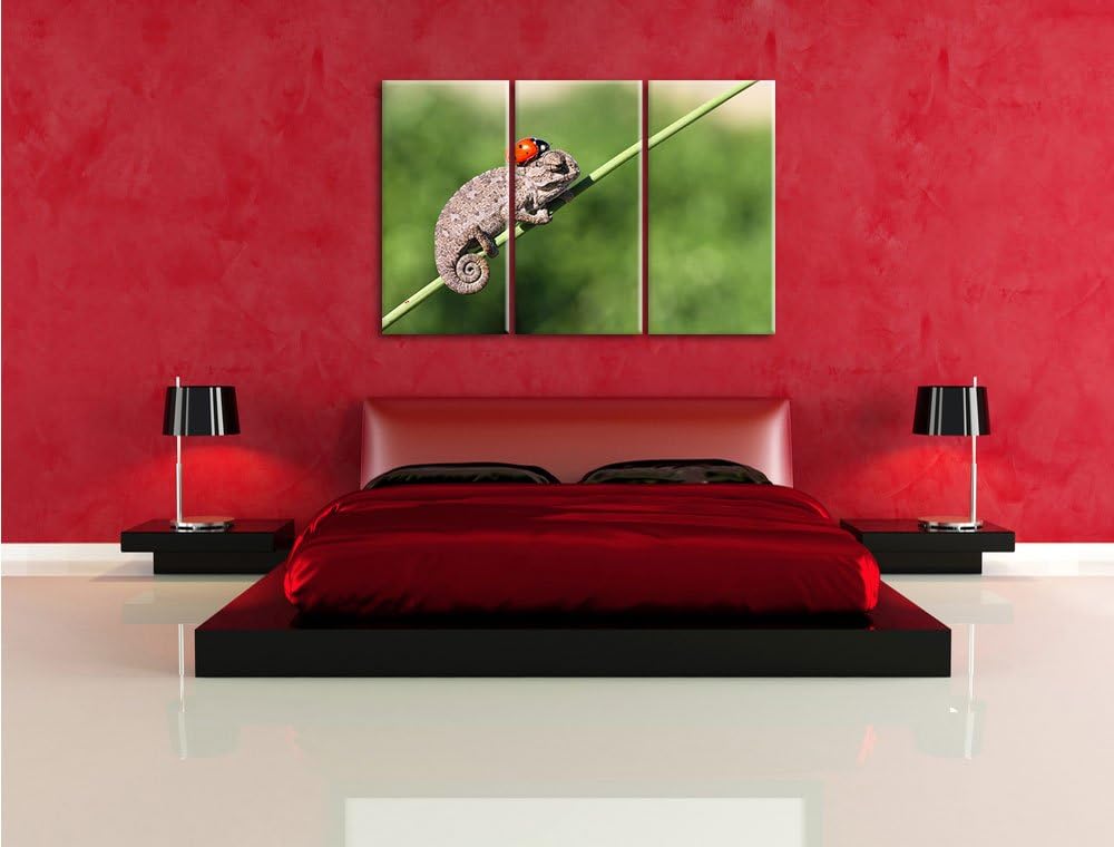 Pixxprint Süsser Gecko mit einem Marienkäfer als Leinwandbild | Grösse: 3 Teilig (120x80) | Wandbild