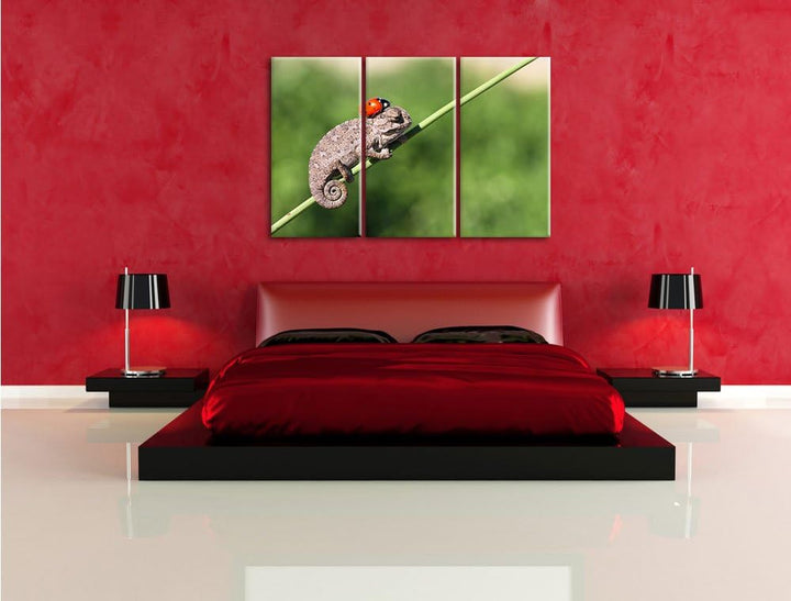 Pixxprint Süsser Gecko mit einem Marienkäfer als Leinwandbild | Grösse: 3 Teilig (120x80) | Wandbild
