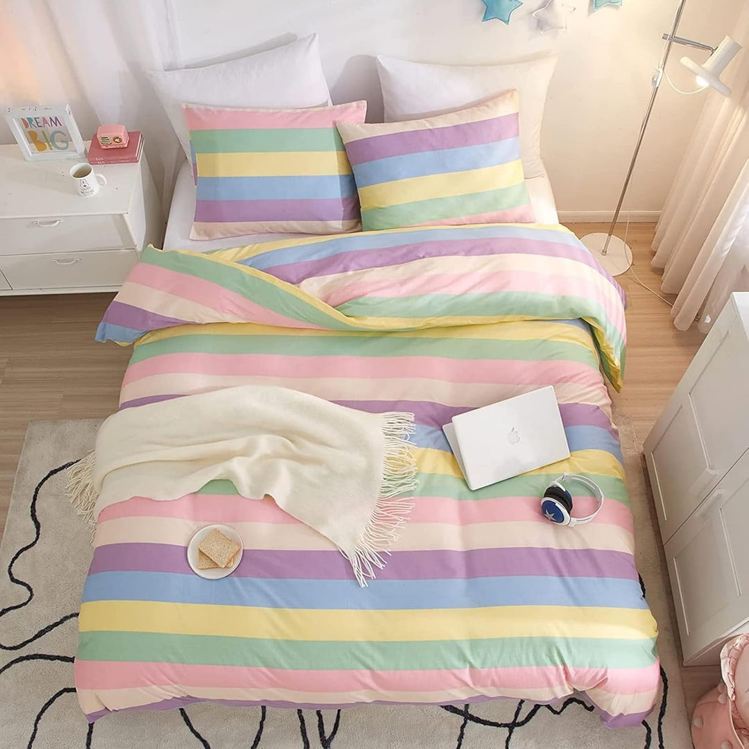 Freyamy Mädchen Bettwäsche 135x200cm Bunt Regenbogen Streifen Kinderbettwäsche 100% Microfaser Babyb