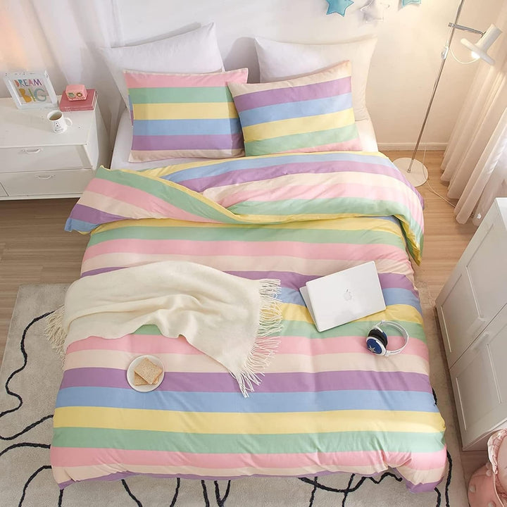Freyamy Mädchen Bettwäsche 135x200cm Bunt Regenbogen Streifen Kinderbettwäsche 100% Microfaser Babyb