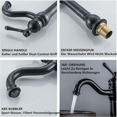FWZZQ Wasserhahn Bad Schwarz Retro, Waschtischarmatur Hoch 360°Schwenkbar, Einhebel Waschbecken Arma