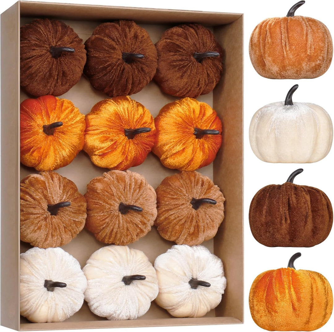 Laelfe 12er Set Samt Kürbisse (8 cm) – 4 Herbstdeko Orange, Orange