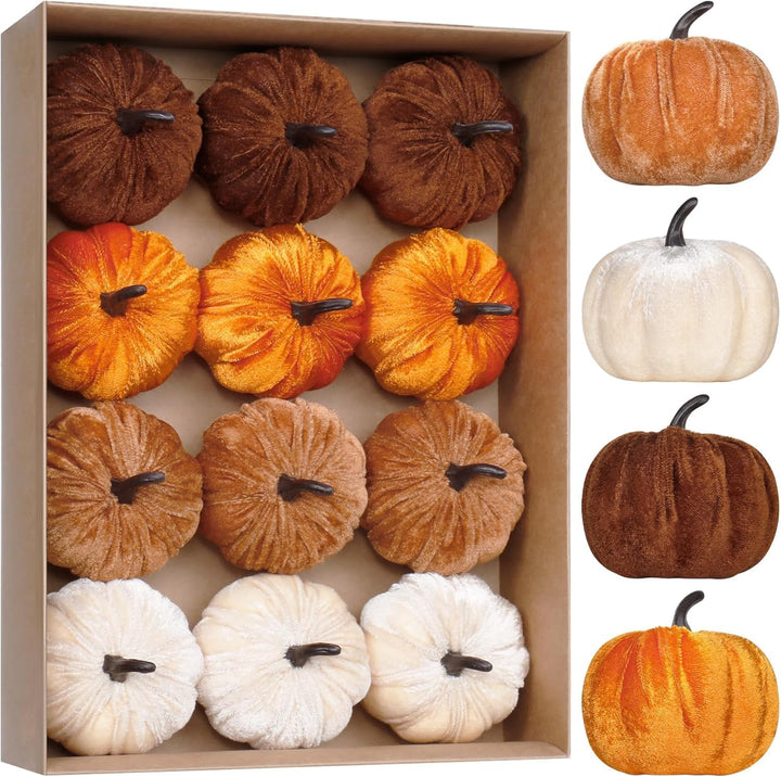 Laelfe 12er Set Samt Kürbisse (8 cm) – 4 Herbstdeko Orange, Orange