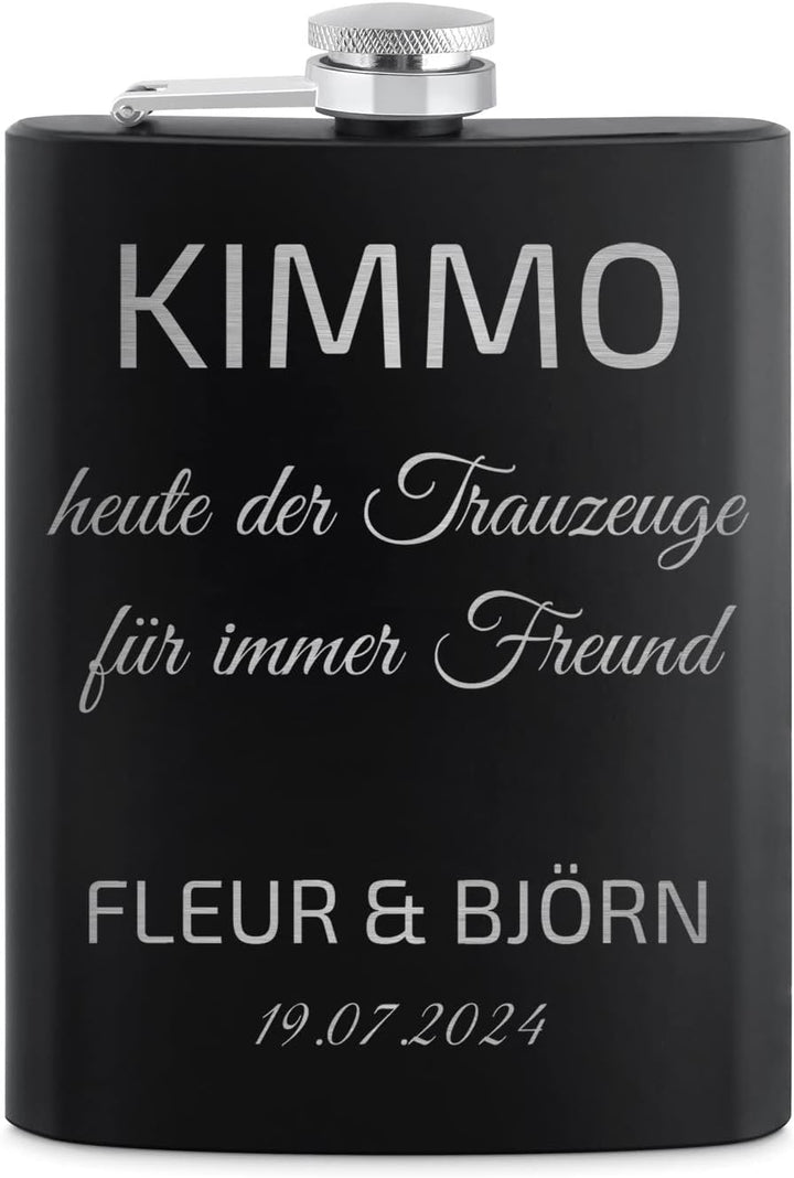 Maverton Flachmann Set 200 ml mit Gravur - Taschenflasche + 4 Schnapsgläsern 20 ml mit Trichter - Br