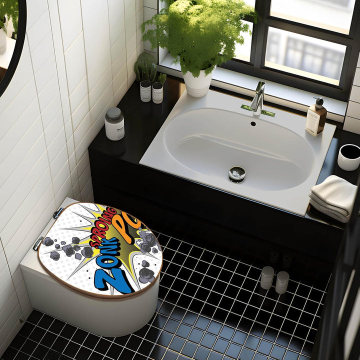 banjado® Design WC Sitz Bambus Absenkautomatik mit Motiv Comic/Toilettendeckel mit Absenkautomatik H