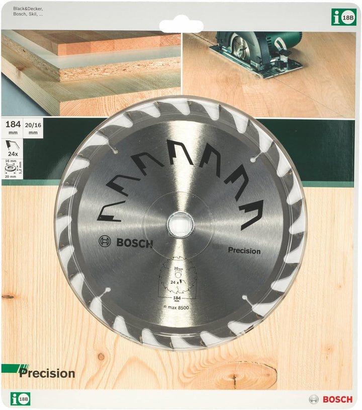 Bosch 1x Kreissägeblatt Precison (Sägeblatt für Holz, Ø 184 x 2.5/1.5 x 20/16 mm, 24 Zähne, ATB, mit