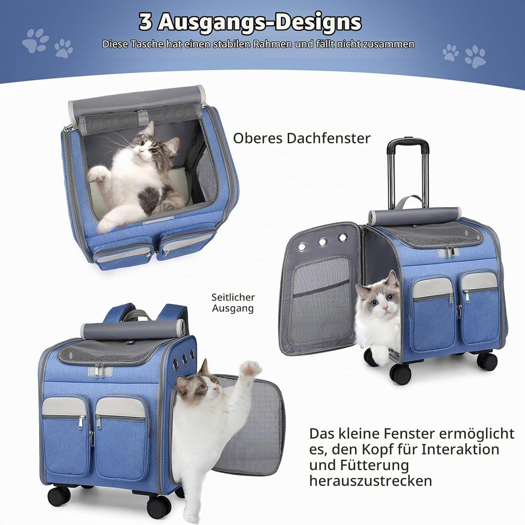 PETCUTE Katzenrucksack Hunderucksack mit Trolley 2 in 1 bis 11 kg,Faltbarer Hundetrolley mit 4 Räder