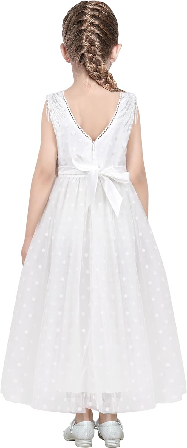 Sunny Fashion Mädchen Kleid Blume Schnüren Saum Hochzeit Erstkommunion Gr. 110-158 122 Weisser Stras