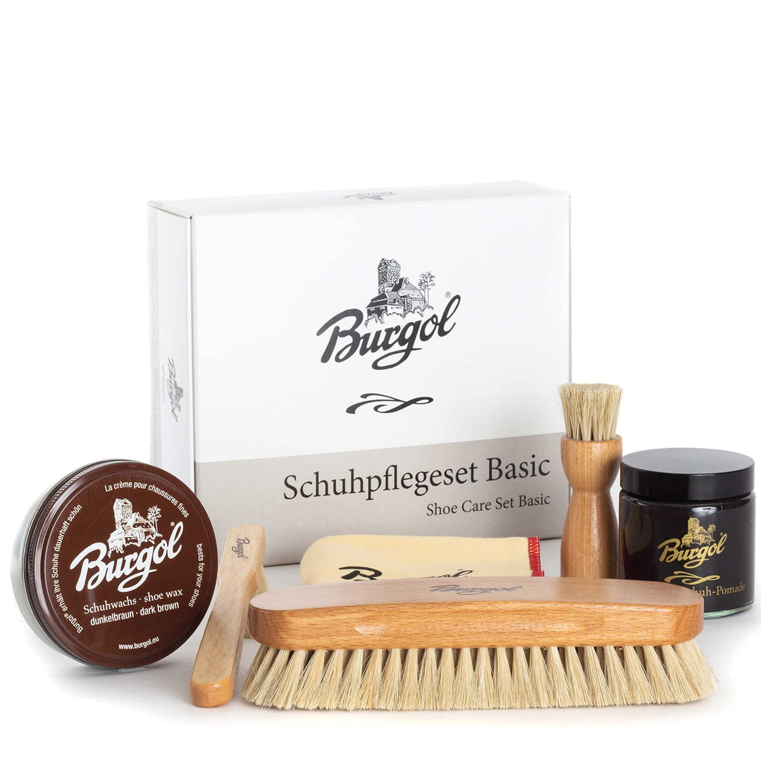 Burgol Schuhpflegeset Basic mit Schuhpomade, Schuhwachs, Rosshaarbürsten und Poliertuch: Farbe: Dunk