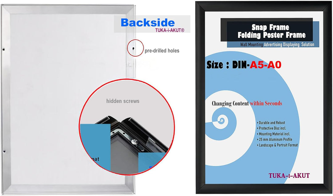 TUKA-i-AKUT Aluminium Klapprahmen DIN A2, 25 mm Profil Plakatrahmen Wechselrahmen Poster Rahmen Bild