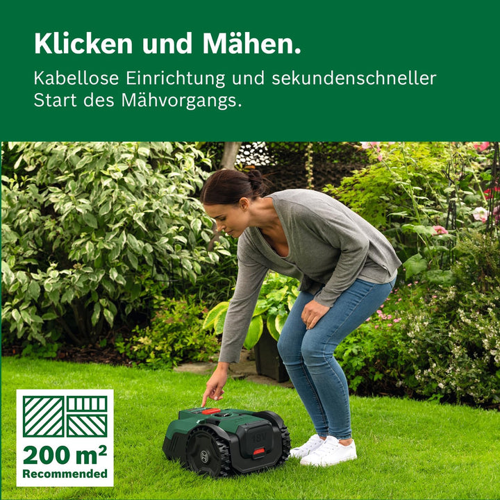 Bosch Akku-Mähroboter VISIMOW18V-200 (für Rasenflächen bis 200 m², Schnittbreite: 18 cm, Schnitthöhe