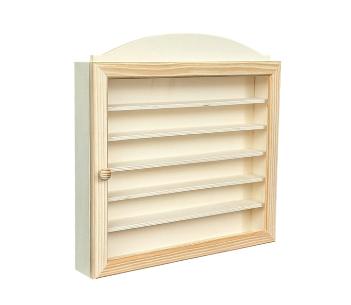 Vitrine hölzerne. Naturholz, zum Bemalen. Masse (Breite/Boden/Höhe): 40 * 6,5 * 40 cm.