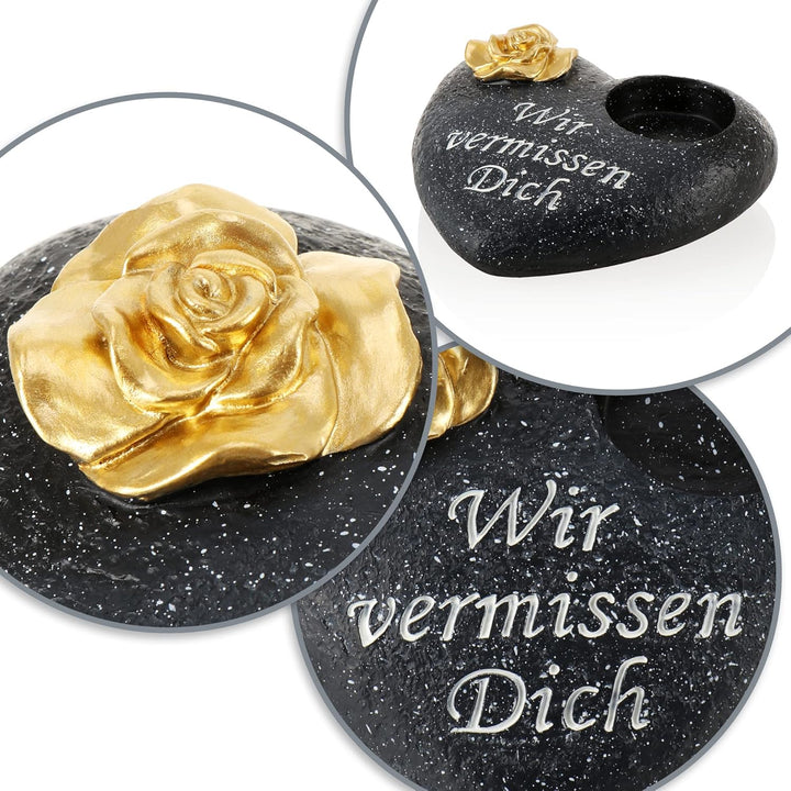 com-four® Grab-Dekoration in Herz-Form mit goldfarbener Rose - Gedenkstein mit Halter für Grabkerze