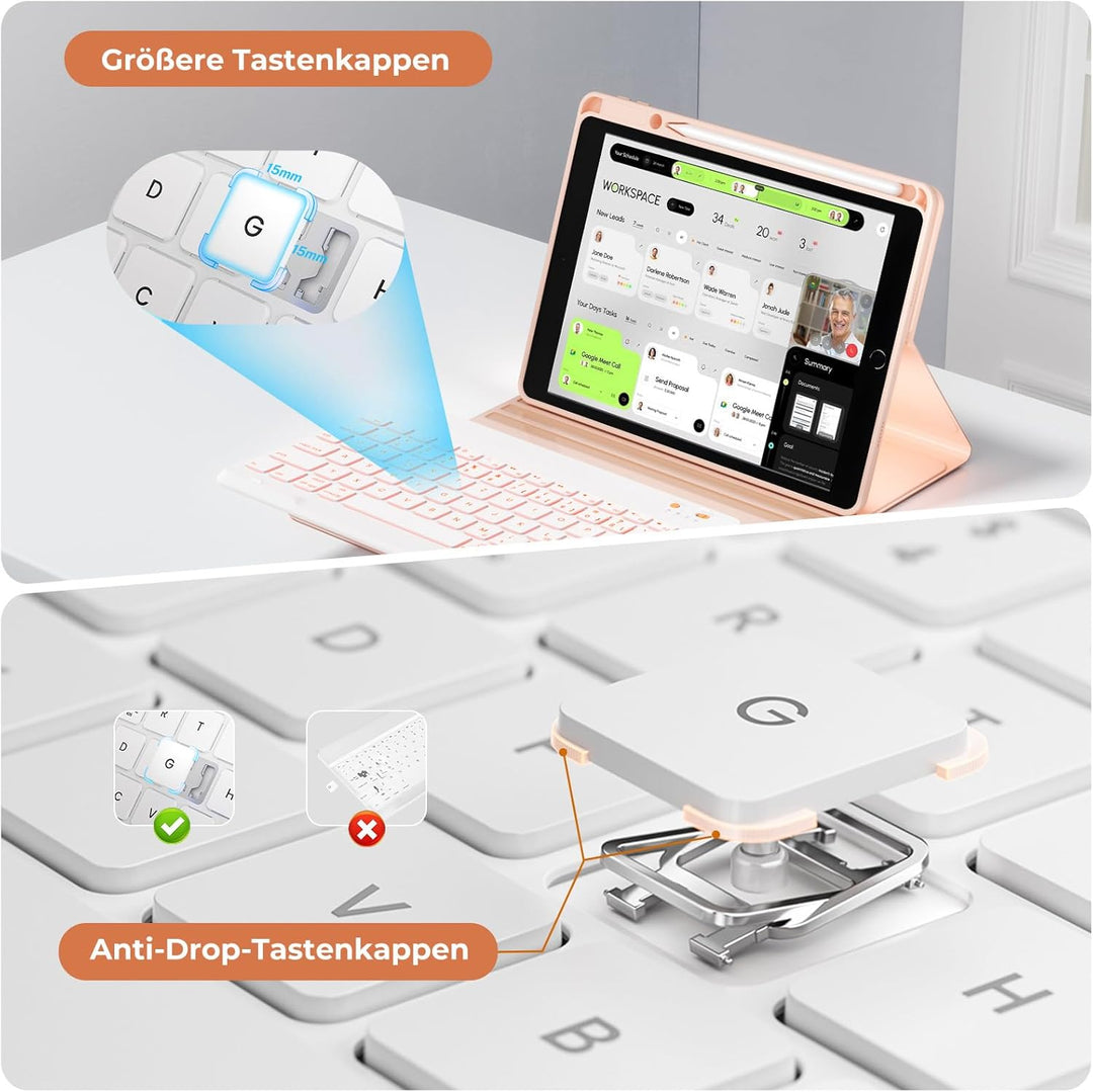OYEEICE Hülle mit Tastatur für iPad 9/8/ 7 Generation 10,2 Zoll, Vergrösserte Anti-Falloff Tastenkap