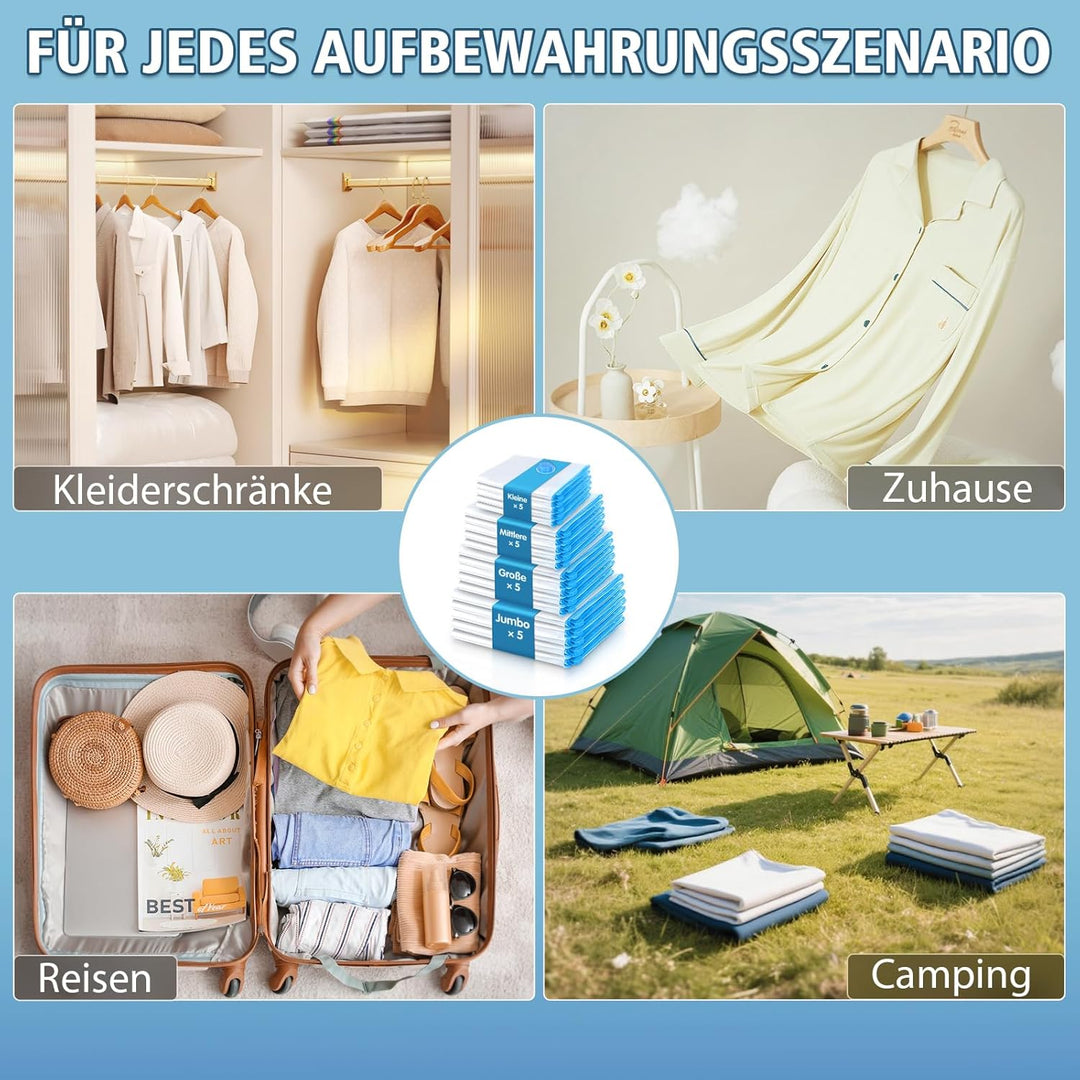 Vakuumbeutel für Kleidung 20 Stück mit Elektrischer Luftpumpe Vakuumierbeutel (5xJumbo/5xGross/5xMit