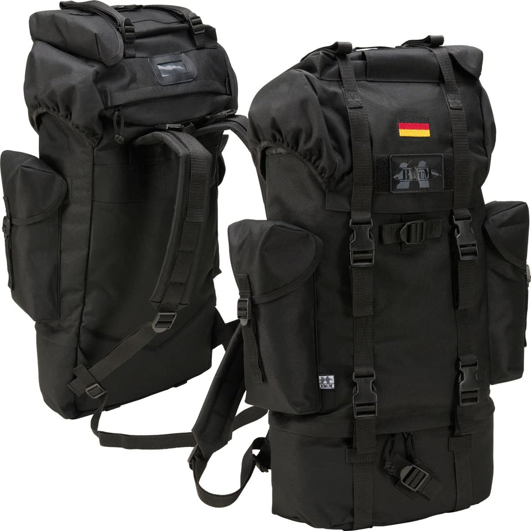 BWuM Bundeswehr Kampfrucksack 65L + Patch & Flagge, Farbe: Schwarz, Schwarz