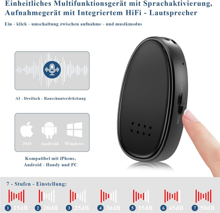 Mini Diktiergerät 3072 Kbps, 128GB Aufnahmegerät mit Dreifacher Rauschunterdrückung Voice Recorder,