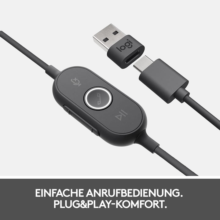 Logitech Zone 750 Kabelgebundenes On-Ear-Headset mit Noise-Cancelling-Mikrofon, USB-C und USB-A-Adap