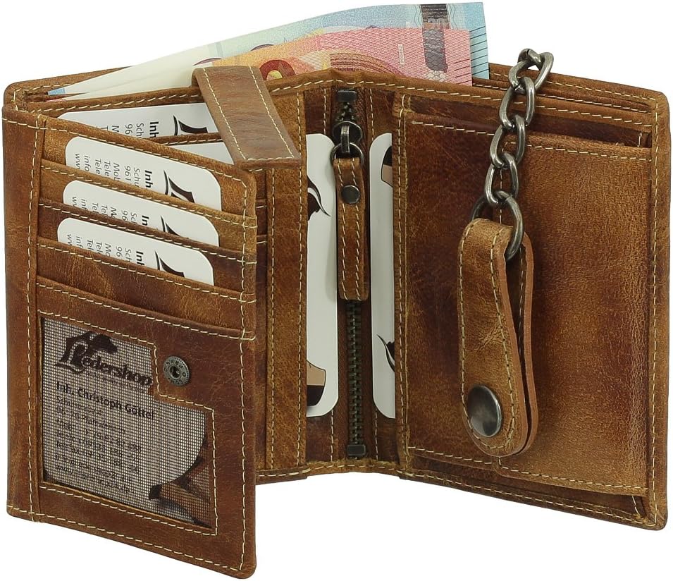 Ledershop24 Luxus Leder Bikerbörse mit Kette Biker Geldbörse Portemonnaie Geldbeutel 10 cm vers. Far