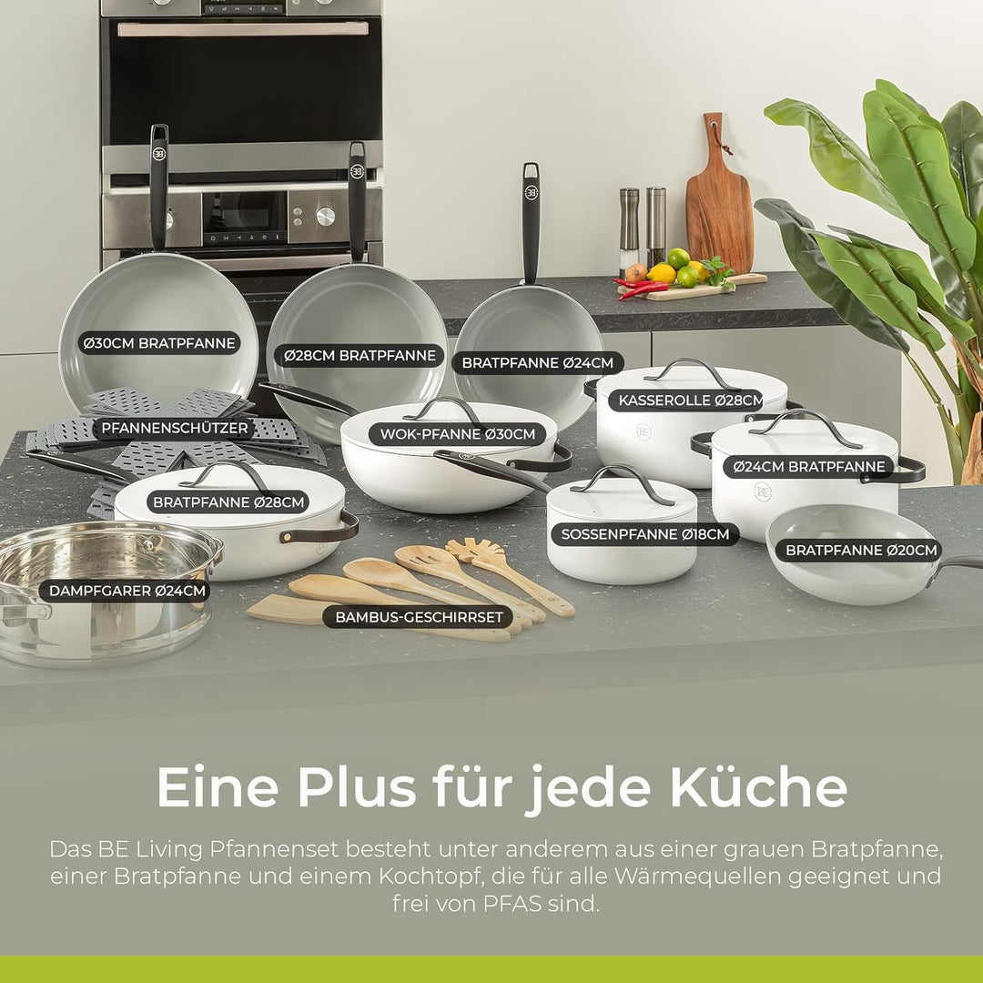 Be Living Essential Pfannenset 4-teilig, Bratpfanne 20/24/28 cm + Wokpfanne 30 cm mit Deckel, Non St