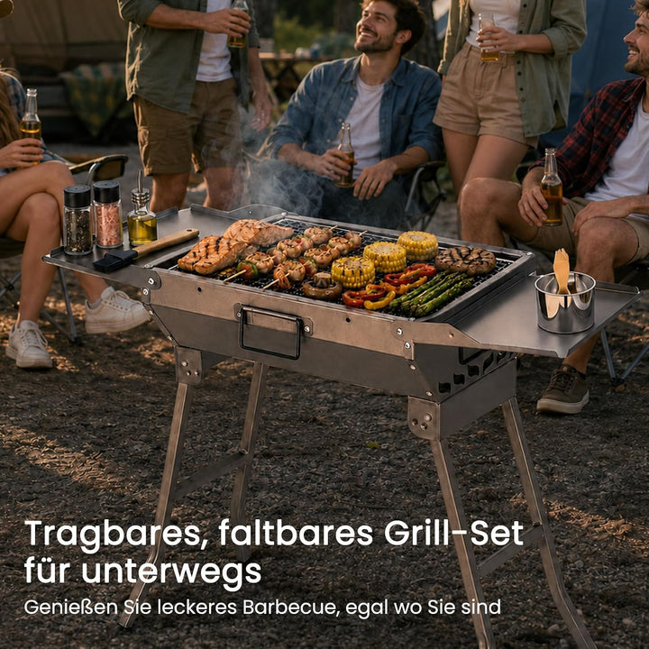 Klappgrill BBQ Set Tragbarer Holzkohlegrill mit 2 Seitenablagen, 28,5 x 77 x 55 cm Faltbar Grill Sch