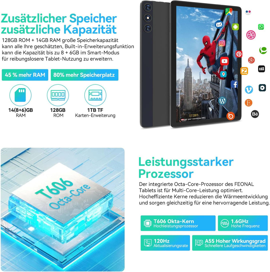 FEONAL Android 15 Tablet 10 Zoll, 4G LTE Tablets Mit 2 SIM 1 SD Slot, 5G WiFi Tablett PC Mit 14GB+12
