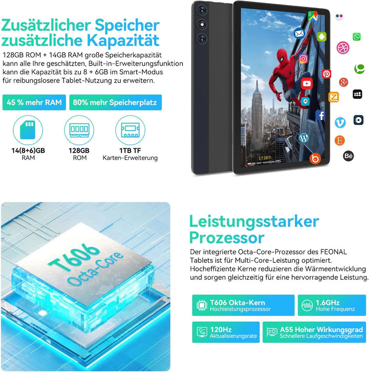 FEONAL Android 15 Tablet 10 Zoll, 4G LTE Tablets Mit 2 SIM 1 SD Slot, 5G WiFi Tablett PC Mit 14GB+12